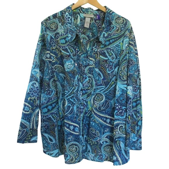 Catherines Womens 100% Cotton Paisley Sequin Button Down Shirt size 3XWP Blue - Picture 1 of 12
